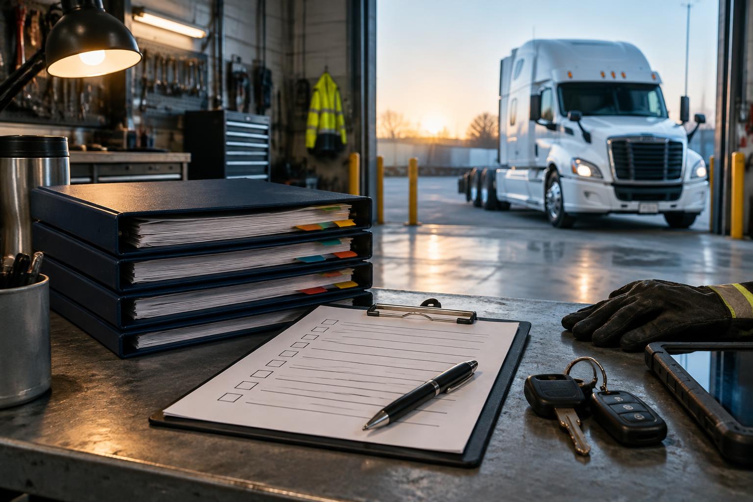 Organized carrier documents and readiness clipboard beside a semi-truck garage