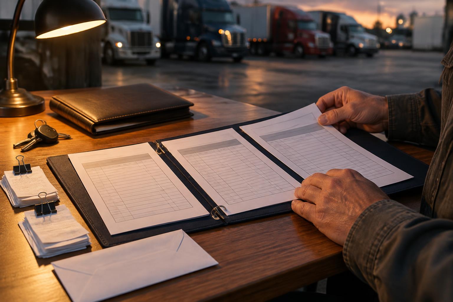 Carrier settlement breakdown sheets and grouped receipts being reviewed in a binder
