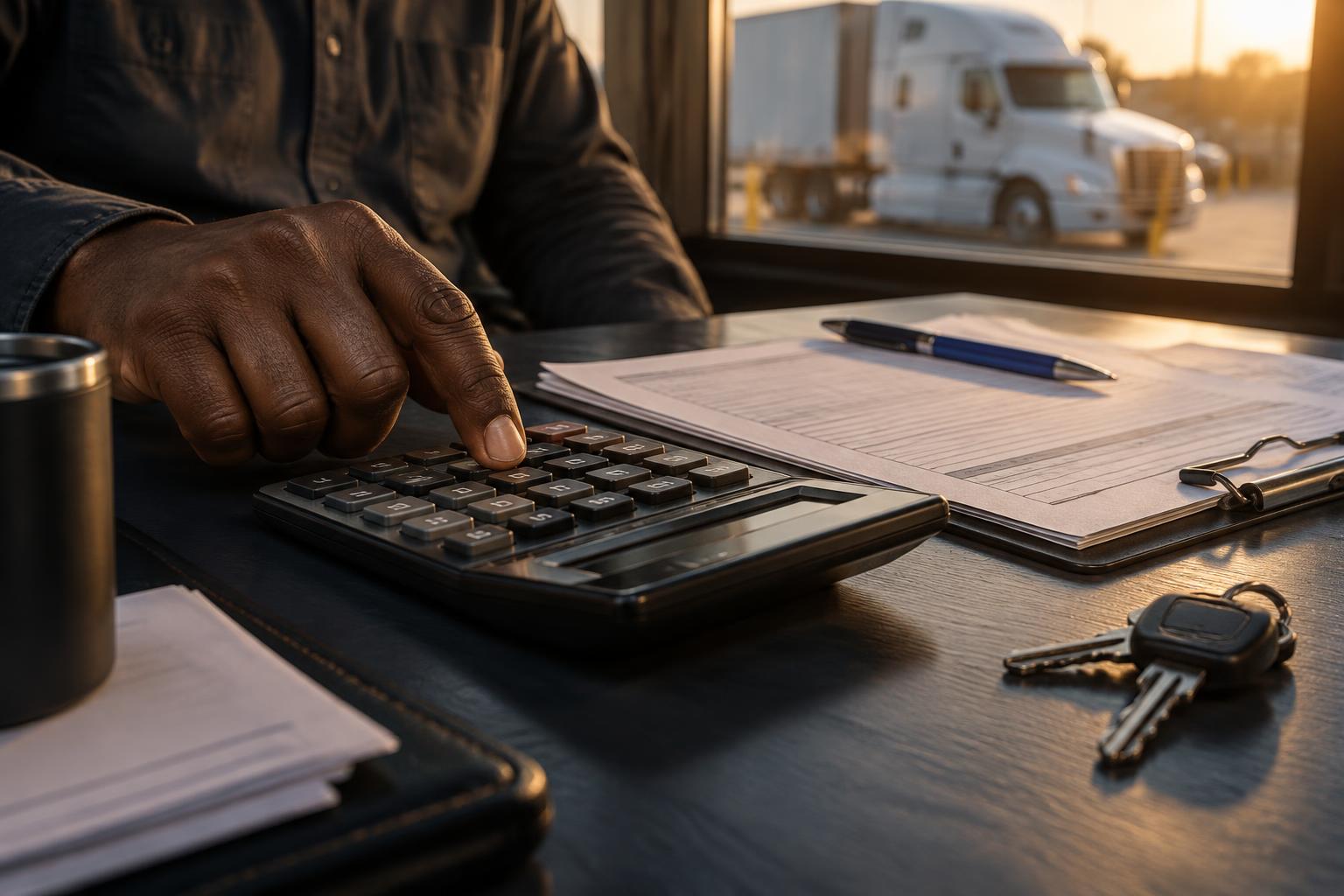 Trucking operator reviewing freight costs with calculator and rate paperwork