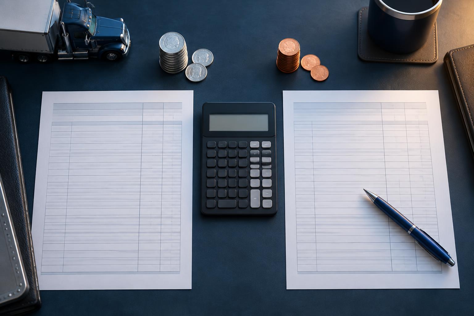 Two freight fee comparison sheets with calculator and truck model