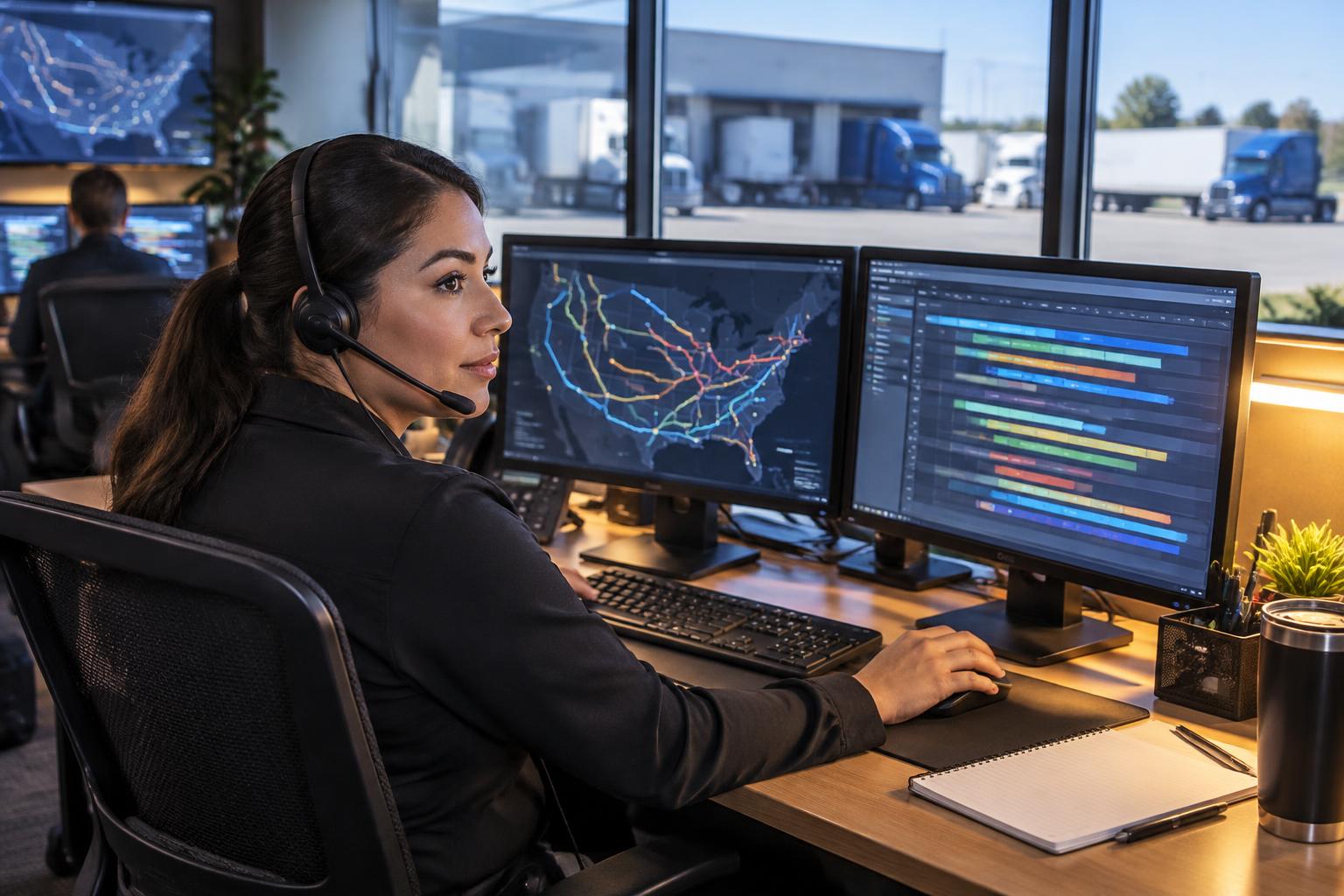 Professional dispatcher managing freight at a communications workstation
