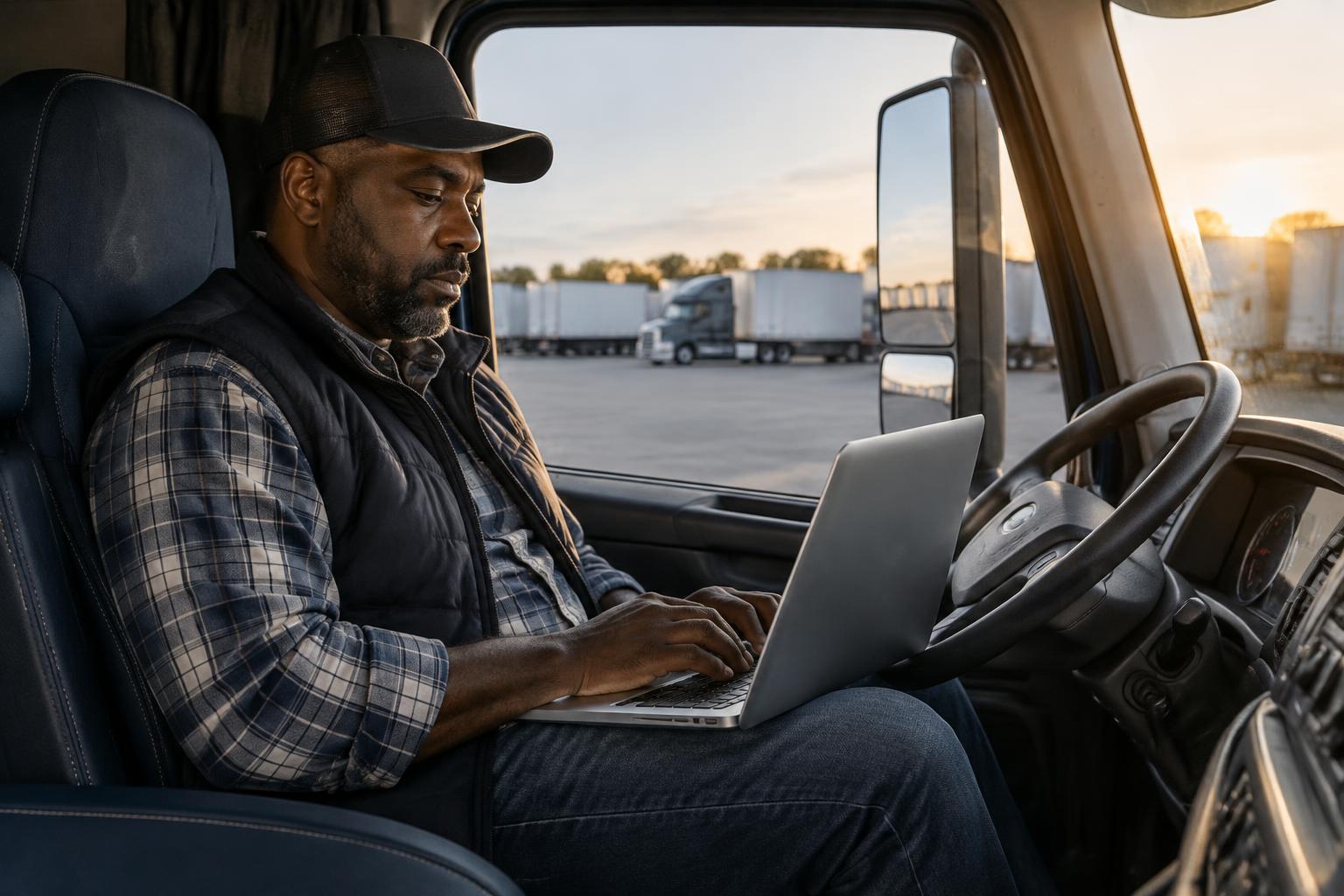Owner-operator reviewing a laptop inside a parked semi cab