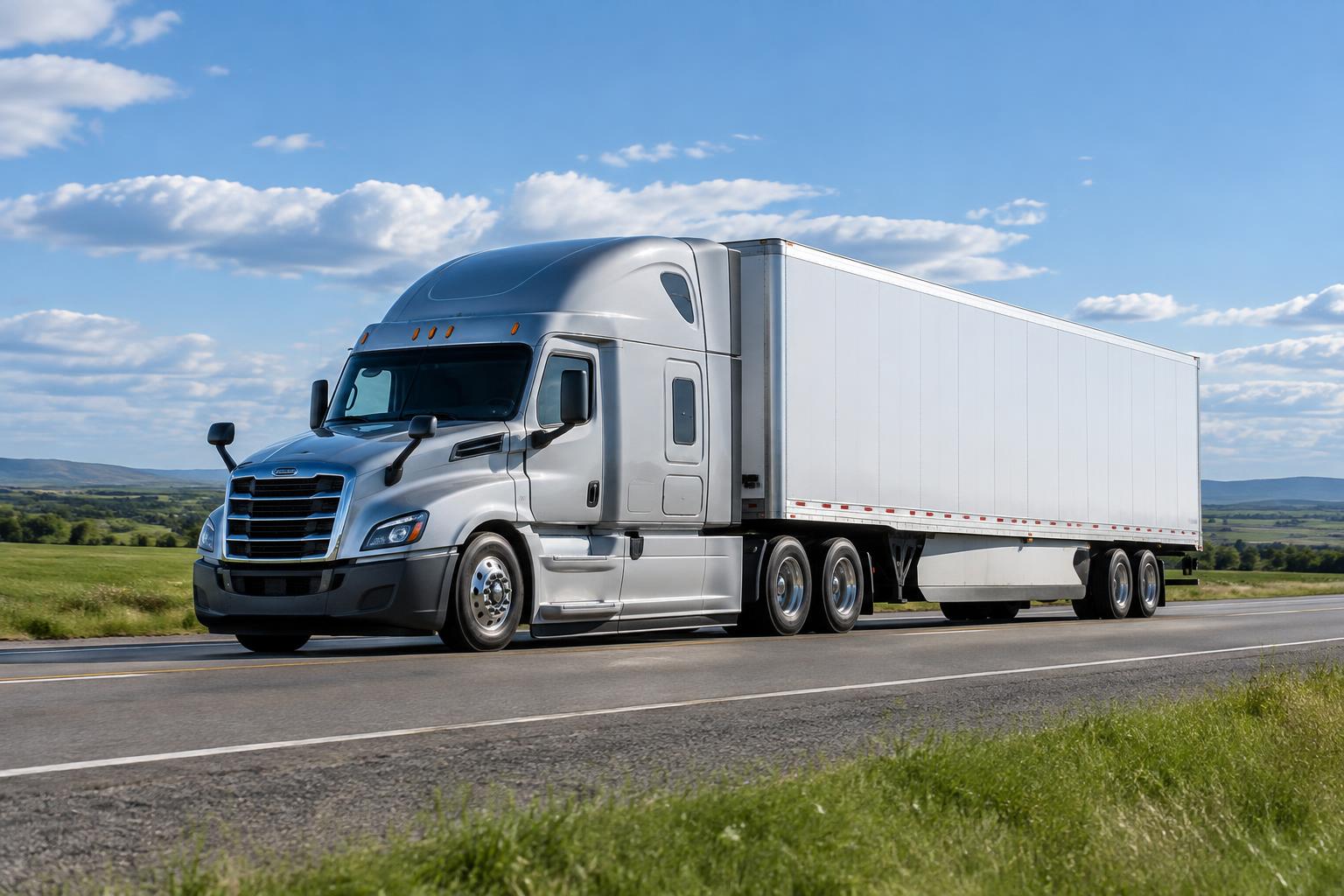 Silver Class 8 semi and trailer on an open highway in morning light