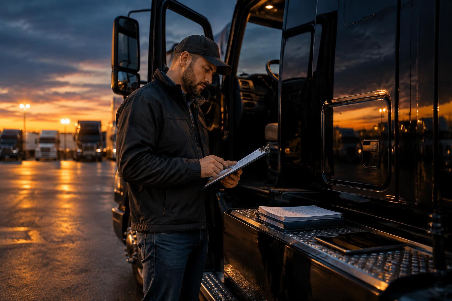 Owner-operator reviewing business startup paperwork beside a black semi-truck at dusk