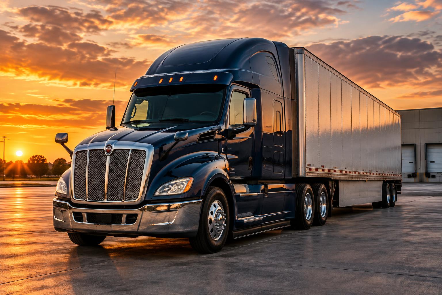 Semi-truck and trailer in warm sunset light