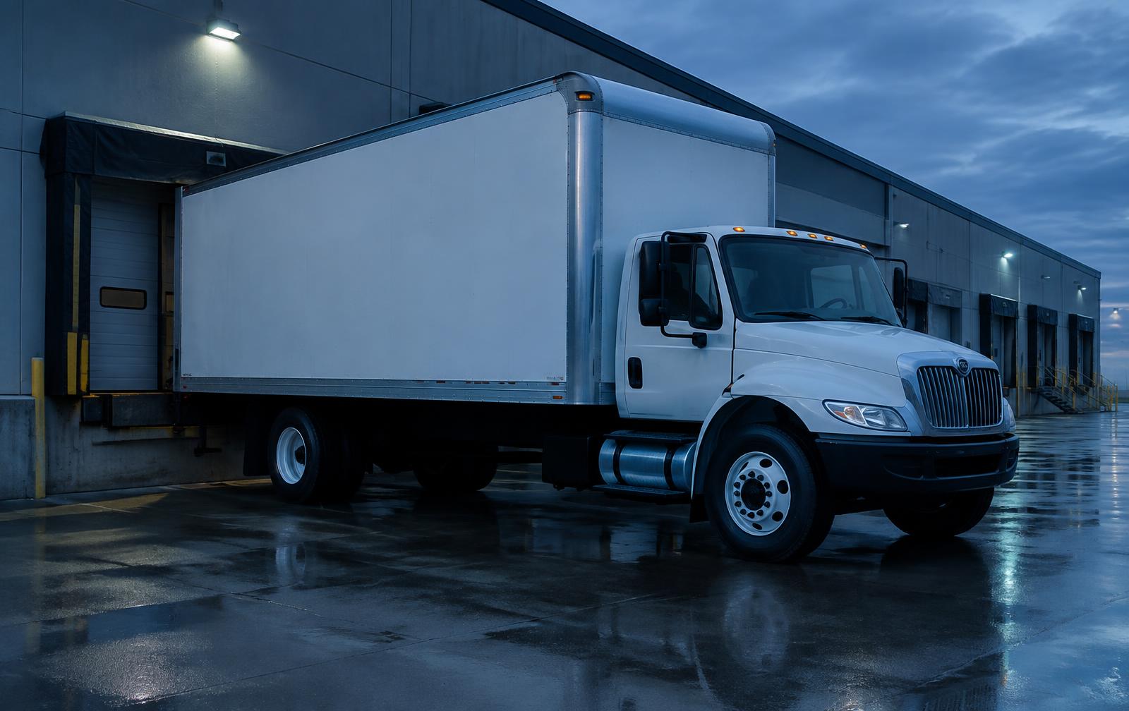 Box truck at a freight loading facility