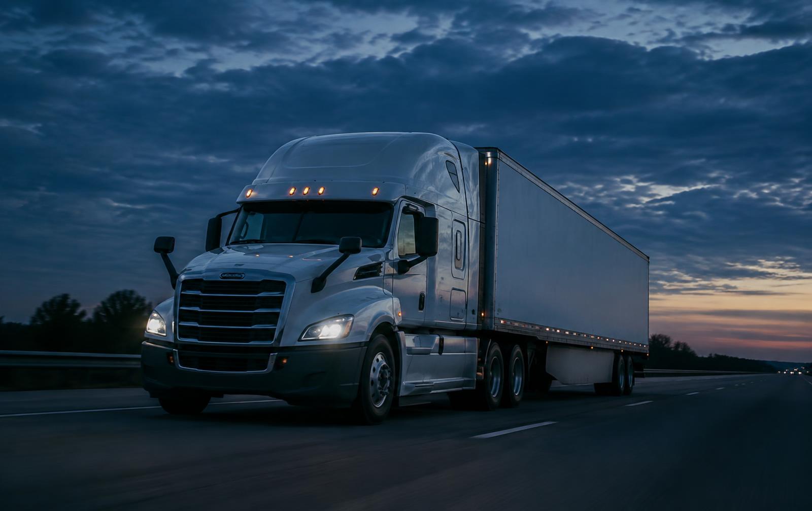 A semi truck with a dry van trailer on the highway
