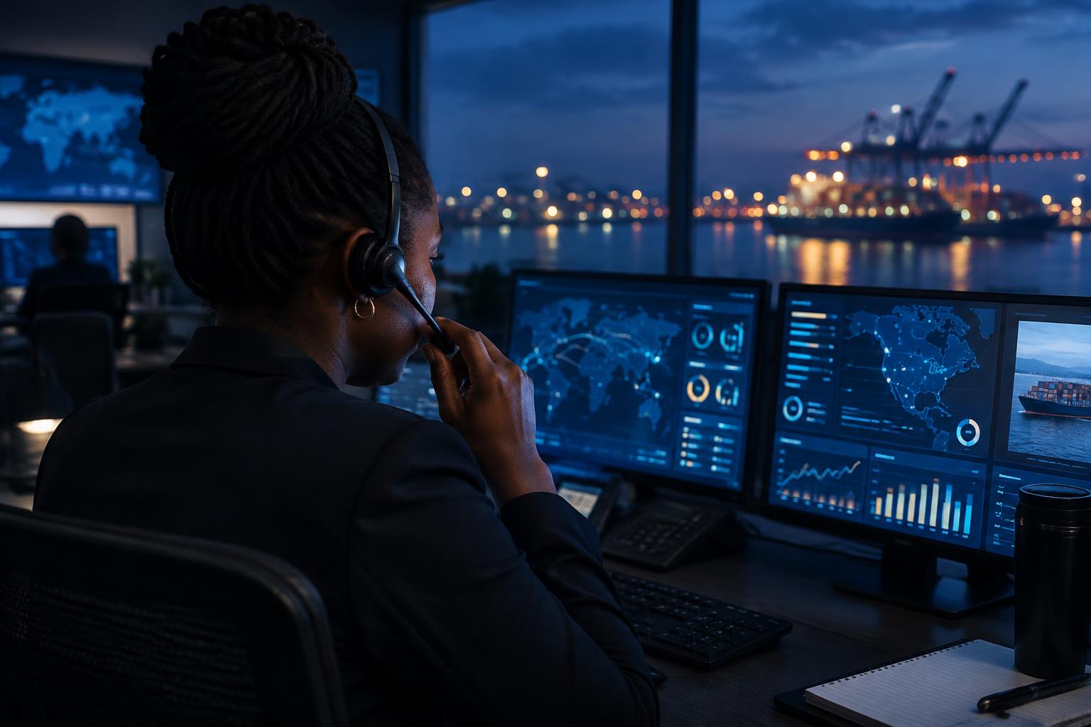 A professional wearing a headset working at a desk in a freight office in the evening