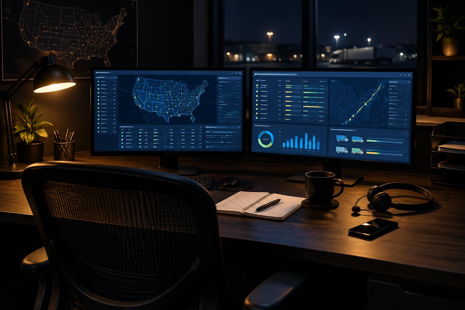 A dispatch workspace with route planning monitors and a headset