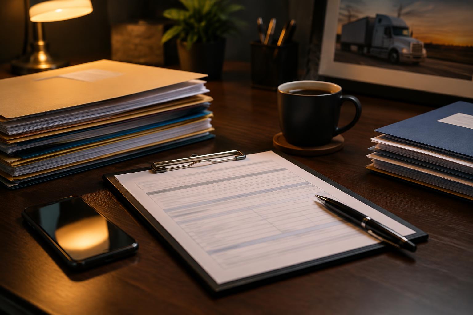 Organized trucking paperwork, folders, and a clipboard on a desk under warm lamplight