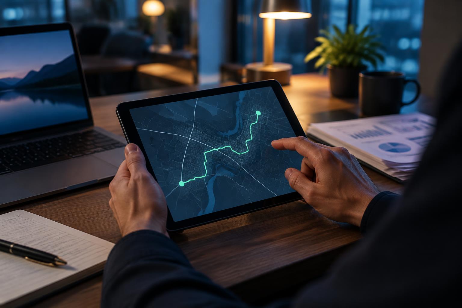 Hands reviewing a route on a tablet at a desk in a dim office
