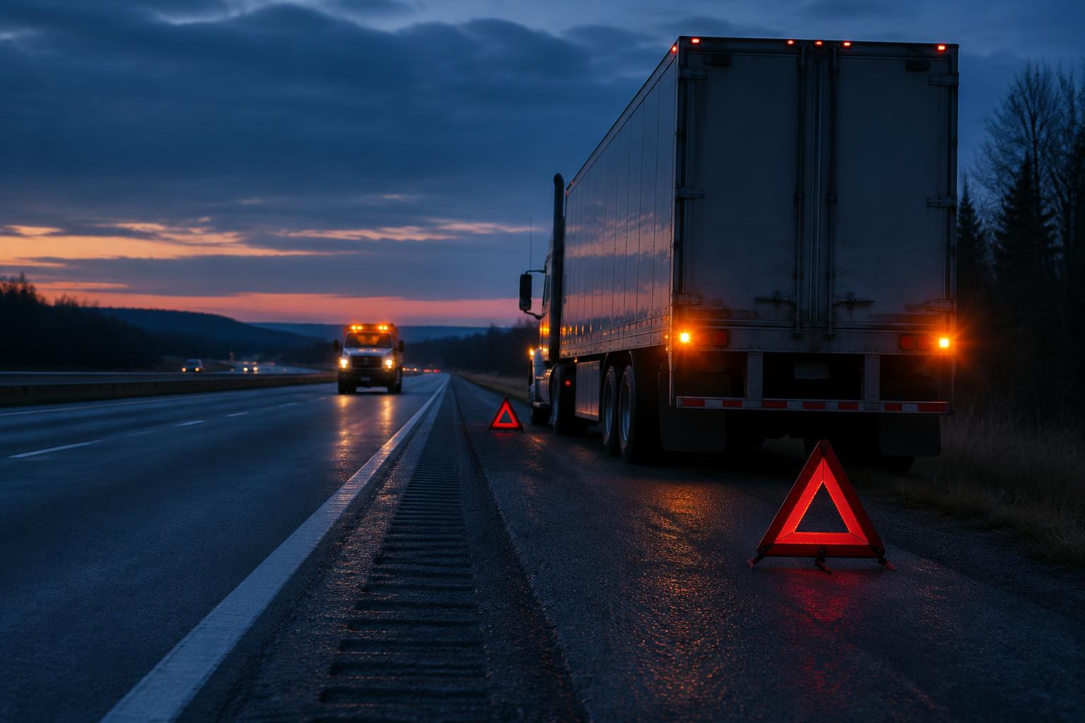 A semi truck stopped on a highway shoulder at dusk with warning triangles and hazard lights