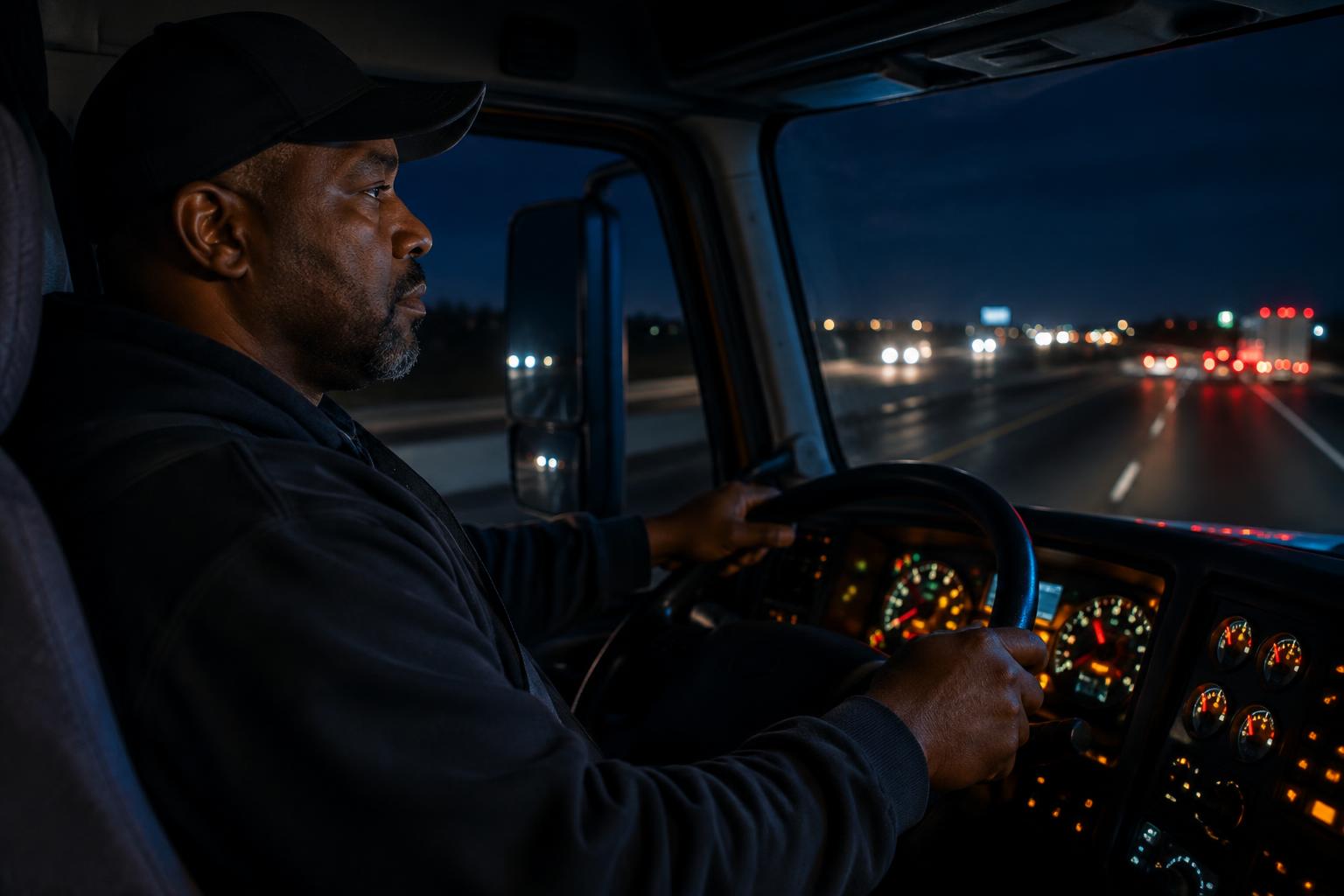 A truck driver reviewing paperwork beside his truck at an early-morning truck stop