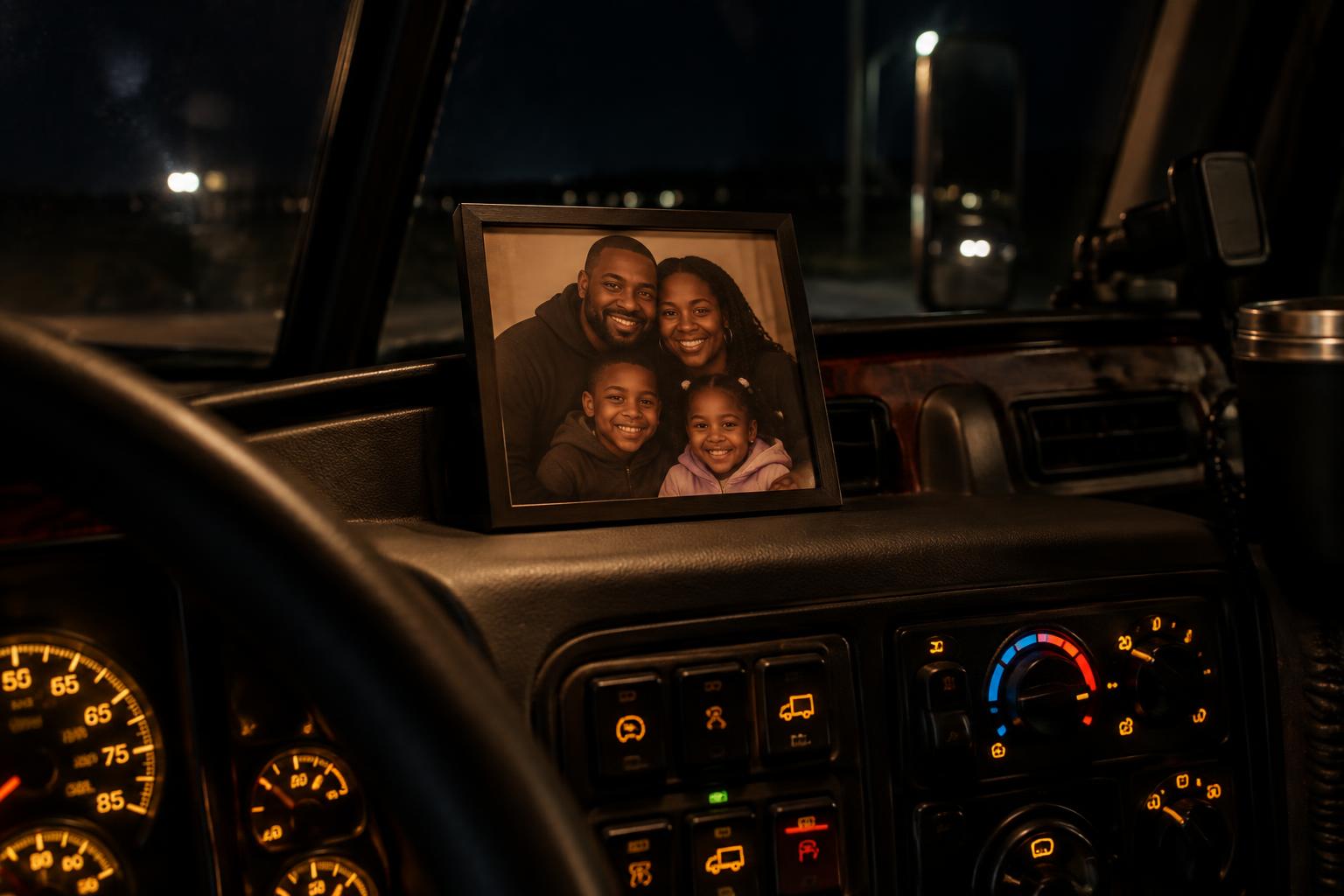 A driver's hands on the wheel at night with a family photo on the dashboard